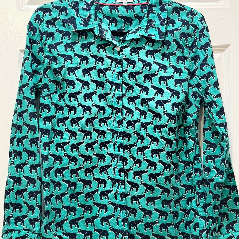 Crown & Ivy Teal and Navy Elephant Print Blouse